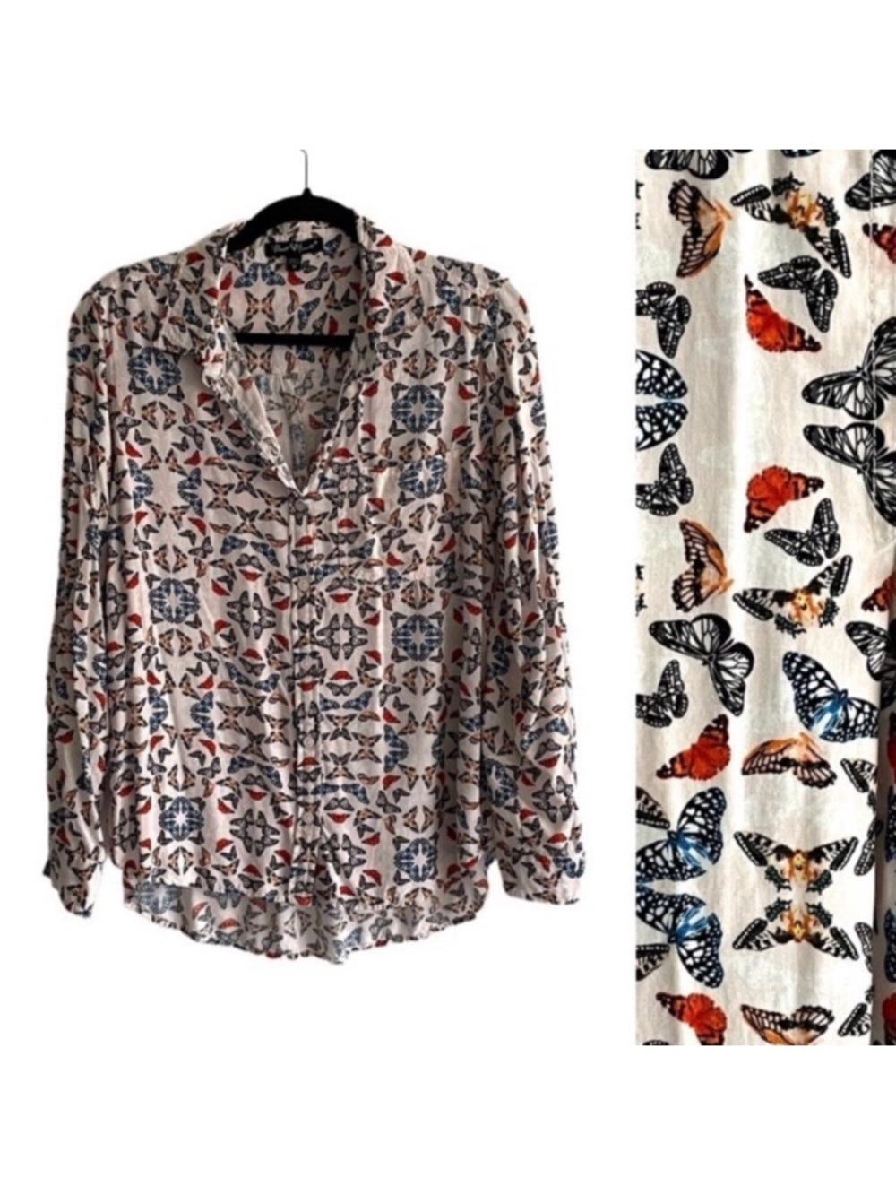 Velvet Heart Butterfly Print Button-Down Long sleeve Blouse